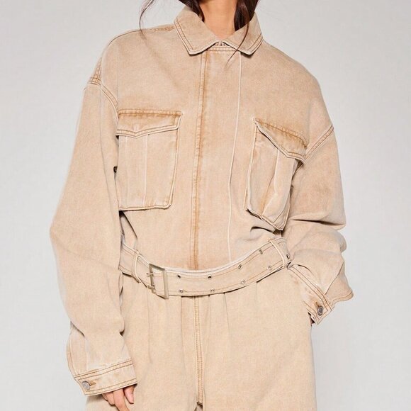 Khaki Casual Women's Collared Pocket Detail Belted Longline Cropped Denim Jacket - Picture 1 of 5